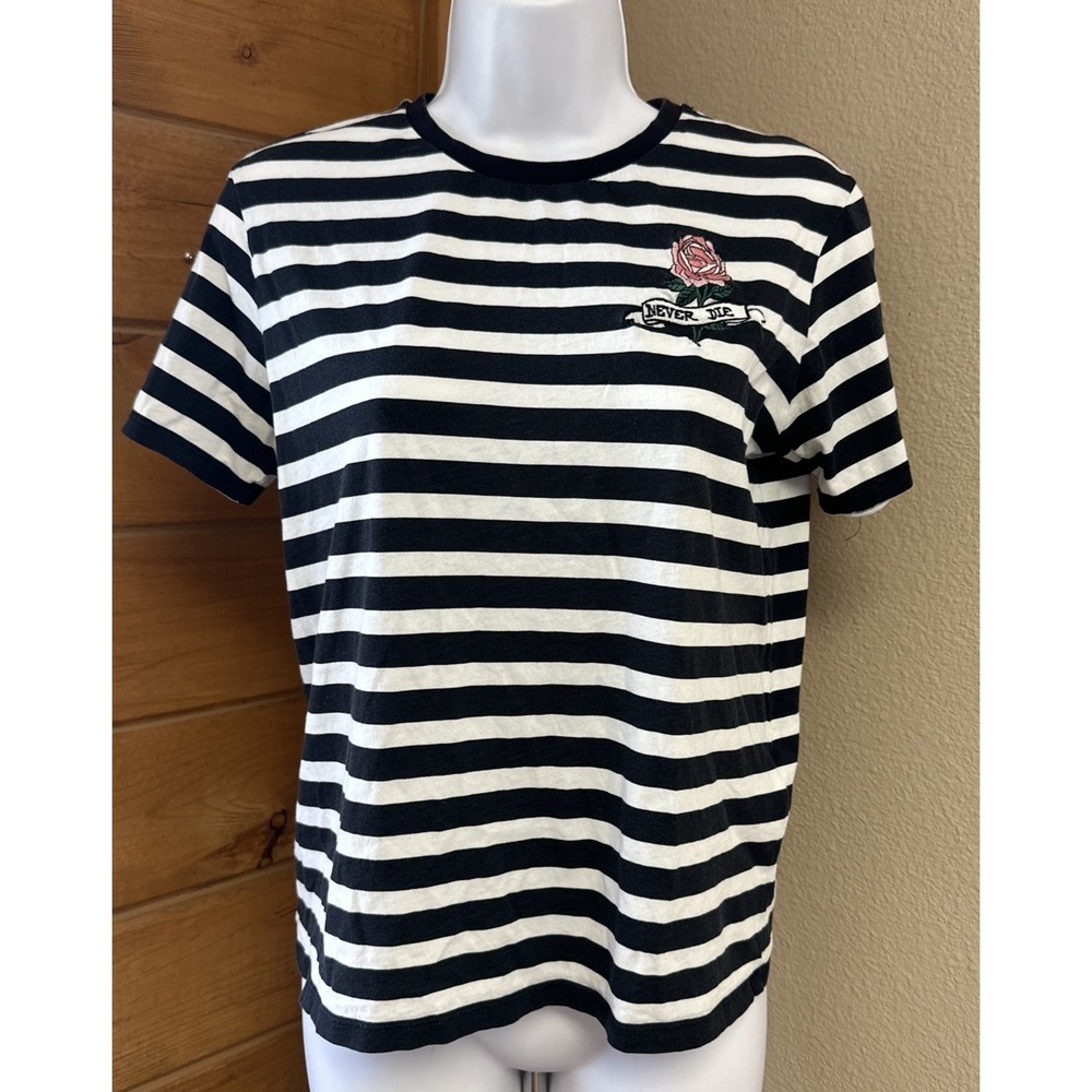 Sandro Paris Black White Striped Tee Size 1 Small – Rose "Never Die" Embroidery